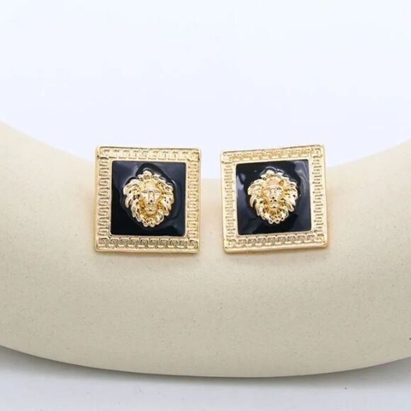 Black & Gold Medusa Square Earrings - Picture 2 of 5